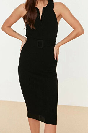 Yeni Slim Casual Günlük Çift Plaka Triko Polo Yaka Kolsuz Kol Bodycone Midi Boy Elbise