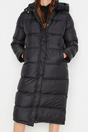 Kadın Moda Şık Regular Kapüşonlu Yaka Uzun Düz Astarlı Kapüşonlu Su İtici Uzun Şişme Mont