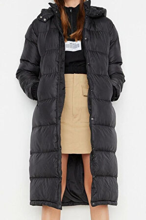 Kadın Moda Şık Regular Kapüşonlu Yaka Uzun Düz Astarlı Kapüşonlu Su İtici Uzun Şişme Mont