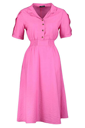 Yeni Rahat Casual Günlük Aerobin Dokuma Gömlek Yaka Kısa Kol A-Line Midi Boy Büyük Beden Elbise