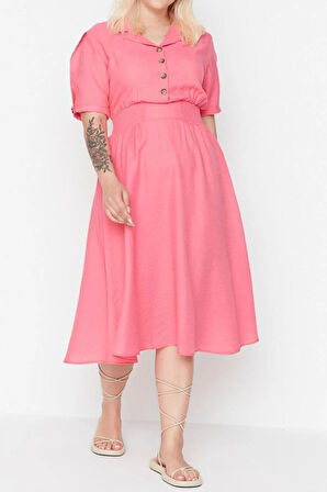 Yeni Rahat Casual Günlük Aerobin Dokuma Gömlek Yaka Kısa Kol A-Line Midi Boy Büyük Beden Elbise