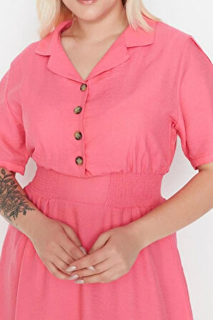 Yeni Rahat Casual Günlük Aerobin Dokuma Gömlek Yaka Kısa Kol A-Line Midi Boy Büyük Beden Elbise