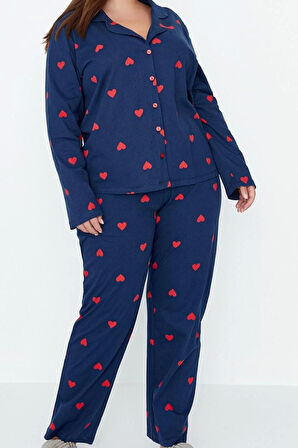 Kadın Moda Şık Büyük Beden Gömlek Yaka Geniş Paça Uzun Kol Vişne Kalpli Örme Pijama Takımı