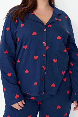 Kadın Moda Şık Büyük Beden Gömlek Yaka Geniş Paça Uzun Kol Vişne Kalpli Örme Pijama Takımı
