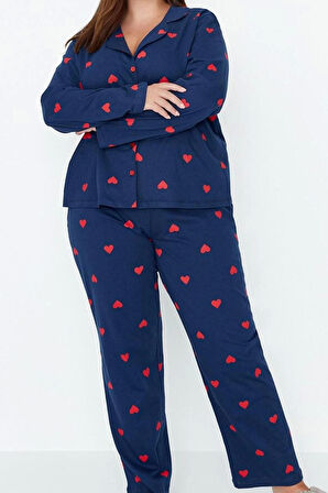 Kadın Moda Şık Büyük Beden Gömlek Yaka Geniş Paça Uzun Kol Vişne Kalpli Örme Pijama Takımı