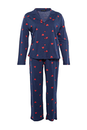 Kadın Moda Şık Büyük Beden Gömlek Yaka Geniş Paça Uzun Kol Vişne Kalpli Örme Pijama Takımı