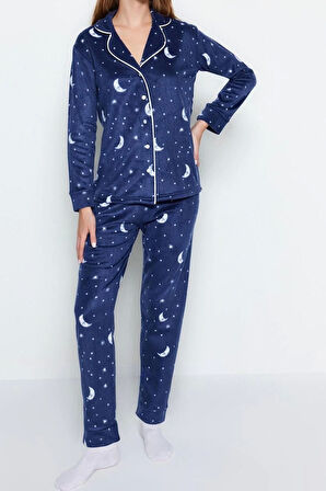 Kadın Moda Şık Ceket Yaka Boru Paça Uzun Kol Ay Desenli Polar Kışlık Örme Pijama Takımı