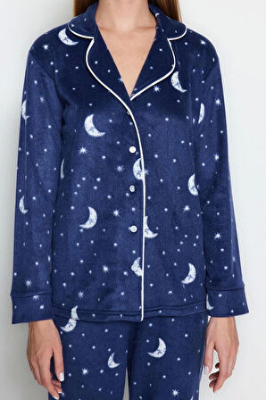 Kadın Moda Şık Ceket Yaka Boru Paça Uzun Kol Ay Desenli Polar Kışlık Örme Pijama Takımı