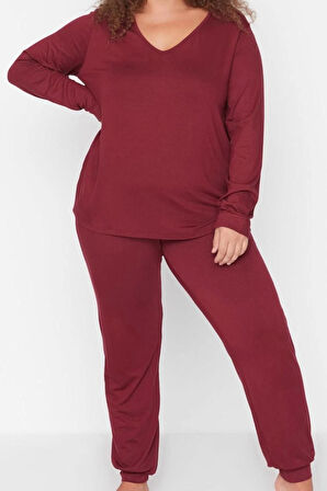 Kadın Moda Şık Büyük Beden V Yaka Geniş Paça Uzun Kol Süprem Örme Pijama Takımı