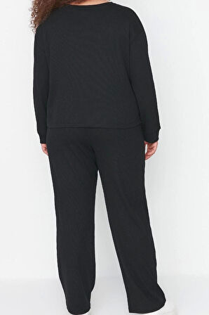 Kadın Moda Şık Büyük Beden Bisiklet Yaka Dar Paça Uzun Kol Pijama Takımı