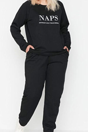 Kadın Moda Şık Büyük Beden Bisiklet Yaka Lastikli Paça Uzun Kol Baskılı Pamuklu Örme Pijama Takımı