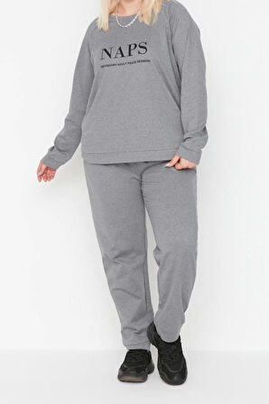 Büyük Beden Kadın Pamuk Polyester Bisiklet Yaka Uzun Kol Baskılı Pamuklu Örme Pijama Takımı