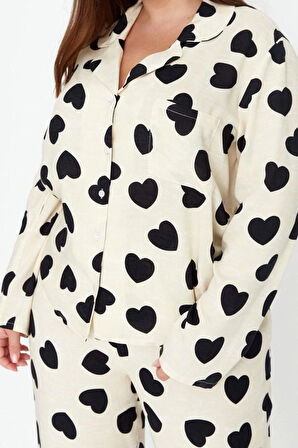 Kadın Moda Şık Büyük Beden Gömlek Yaka Boru Paça Uzun Kol Kalpli Dokuma Pijama Takımı