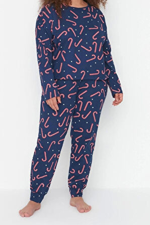 Kadın Moda Şık Büyük Beden Bisiklet Yaka Dar Paça Uzun Kol Yılbaşı Temalı Örme Pijama Takımı