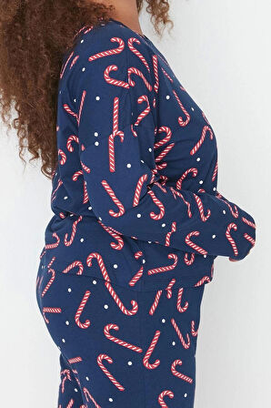 Kadın Moda Şık Büyük Beden Bisiklet Yaka Dar Paça Uzun Kol Yılbaşı Temalı Örme Pijama Takımı