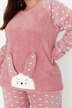 Büyük Beden Kadın Polyester Bisiklet Yaka Uzun Kol Welsoft Pijama Takımı