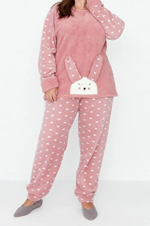 Büyük Beden Kadın Polyester Bisiklet Yaka Uzun Kol Welsoft Pijama Takımı