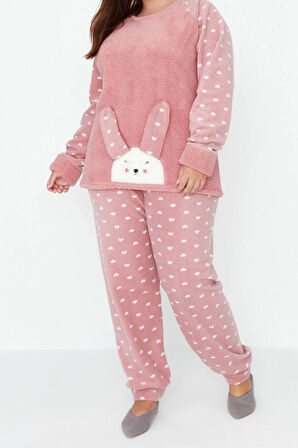 Büyük Beden Kadın Polyester Bisiklet Yaka Uzun Kol Welsoft Pijama Takımı