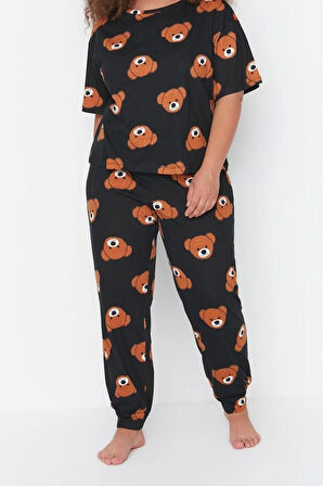 Büyük Beden Kadın Pamuklu Bisiklet Yaka Kısa Kol Ayıcık Desenli Örme Pijama Takımı