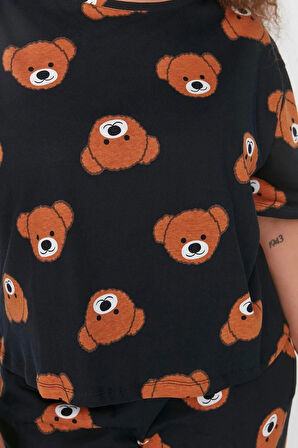 Büyük Beden Kadın Pamuklu Bisiklet Yaka Kısa Kol Ayıcık Desenli Örme Pijama Takımı