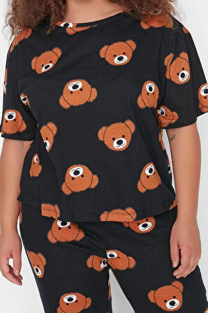 Büyük Beden Kadın Pamuklu Bisiklet Yaka Kısa Kol Ayıcık Desenli Örme Pijama Takımı