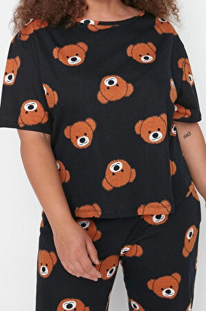 Büyük Beden Kadın Pamuklu Bisiklet Yaka Kısa Kol Ayıcık Desenli Örme Pijama Takımı