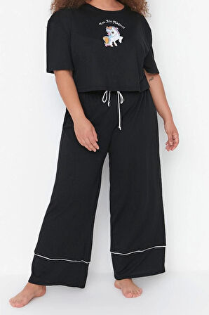 Büyük Beden Kadın Pamuklu Bisiklet Yaka Kısa Kol Baskılı Wide Leg Crop Boy Örme Pijama Takımı