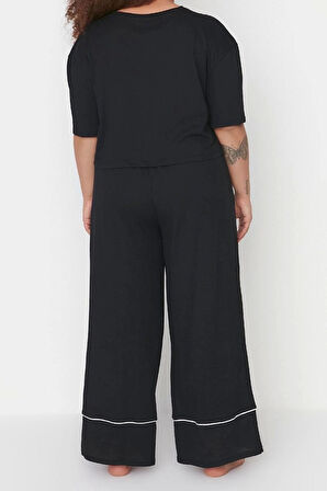 Büyük Beden Kadın Pamuklu Bisiklet Yaka Kısa Kol Baskılı Wide Leg Crop Boy Örme Pijama Takımı