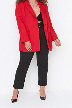 Kadın Yeni Moda Büyük Beden Boru Paça Regular Boy Dokuma Beli Ayarlanabilir Kemerli Kumaş Pantolon