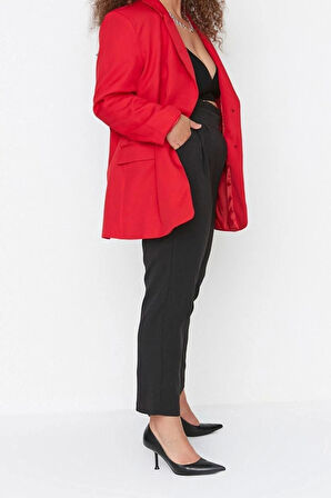 Kadın Yeni Moda Büyük Beden Boru Paça Regular Boy Dokuma Beli Ayarlanabilir Kemerli Kumaş Pantolon