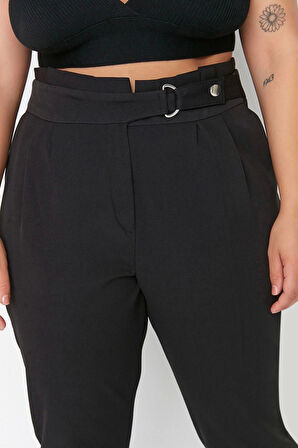 Kadın Yeni Moda Büyük Beden Boru Paça Regular Boy Dokuma Beli Ayarlanabilir Kemerli Kumaş Pantolon