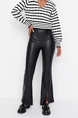 Kadın Yeni Moda Geniş Paça Uzun Boy Dokuma Flare İspanyol Paça Suni Deri Paçası Yırtmaçlı Pantolon