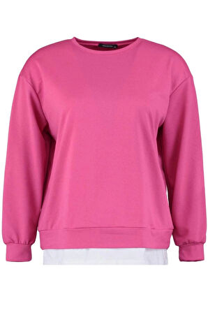 Kadın Büyük Beden Oversize Bisiklet Yaka Düşük Kol Alttan T-Shirt Çıkma Görünüm İnce Örme Sweatshirt