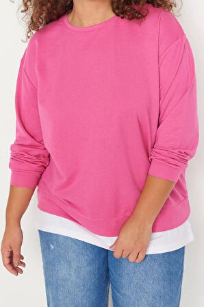 Kadın Büyük Beden Oversize Bisiklet Yaka Düşük Kol Alttan T-Shirt Çıkma Görünüm İnce Örme Sweatshirt
