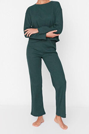 Kadın Moda Şık Bisiklet Yaka Boru Paça Uzun Kol Fitilli Örme Pijama Takımı