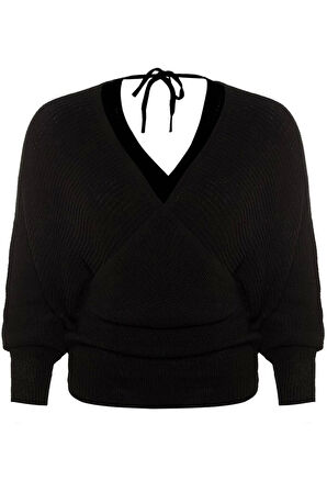 Kadın Büyük Beden Moda Şık Regular Kruvaze Uzun Kol Düz Kruvaze Kapamalı Triko Kazak