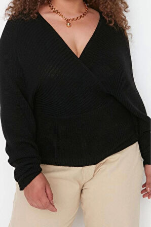 Kadın Büyük Beden Moda Şık Regular Kruvaze Uzun Kol Düz Kruvaze Kapamalı Triko Kazak