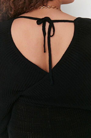 Kadın Büyük Beden Moda Şık Regular Kruvaze Uzun Kol Düz Kruvaze Kapamalı Triko Kazak