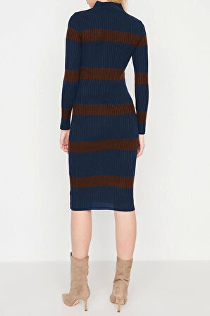 Yeni Slim Casual Günlük Tek Plaka Triko Dik Yaka Uzun Kol Bodycone Midi Boy Elbise