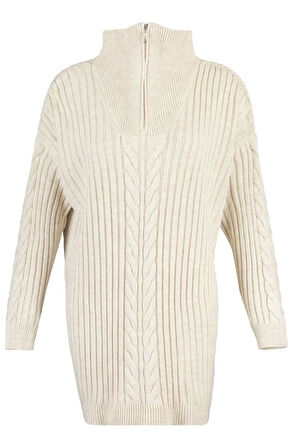 Kadın Tesettür Regular Yarım Balıkçı Yaka Uzun Kol Saç Örgü Selanik Örgülü Fermuarlı Triko Kazak