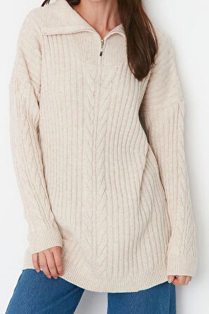 Kadın Tesettür Regular Yarım Balıkçı Yaka Uzun Kol Saç Örgü Selanik Örgülü Fermuarlı Triko Kazak