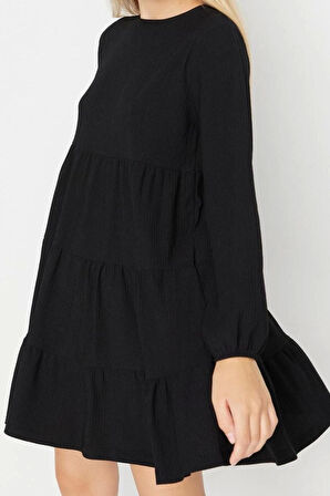 Kadın Moda Mini Boy Bisiklet Yaka Relaxed Volanlı Skater Belden Açılan Bürümcük Dokulu Örme Elbise