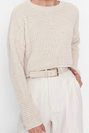 Kadın Moda Şık Bisiklet Yaka Düşük Kol Crop Geniş Kalıp Triko Kazak