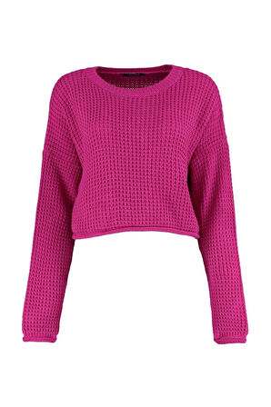 Kadın Moda Şık Bisiklet Yaka Düşük Kol Crop Geniş Kalıp Triko Kazak