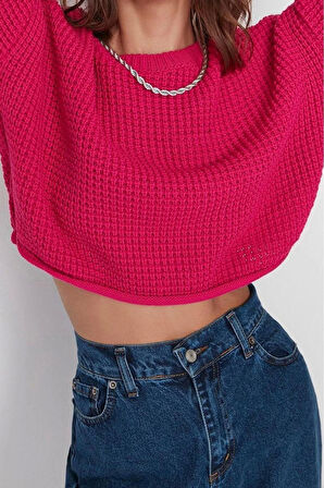 Kadın Moda Şık Bisiklet Yaka Düşük Kol Crop Geniş Kalıp Triko Kazak