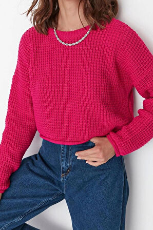 Kadın Moda Şık Bisiklet Yaka Düşük Kol Crop Geniş Kalıp Triko Kazak
