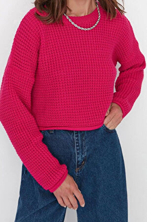 Kadın Moda Şık Bisiklet Yaka Düşük Kol Crop Geniş Kalıp Triko Kazak