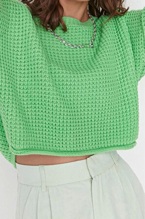 Kadın Moda Şık Crop Bisiklet Yaka Uzun Kol Dokulu Crop Geniş Kalıp Triko Kazak