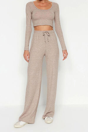 Kadın Moda Şık Geniş Paça Uzun Boy Uzun Kollu Yumoş Crop ve Geniş Paça Örme Alt Üst Takım