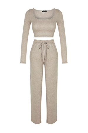 Kadın Moda Şık Geniş Paça Uzun Boy Uzun Kollu Yumoş Crop ve Geniş Paça Örme Alt Üst Takım